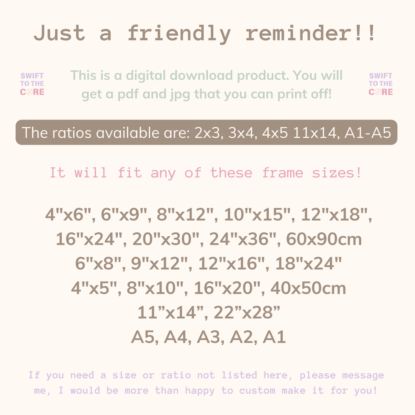 Text message with product details and frame size compatibility on a light background