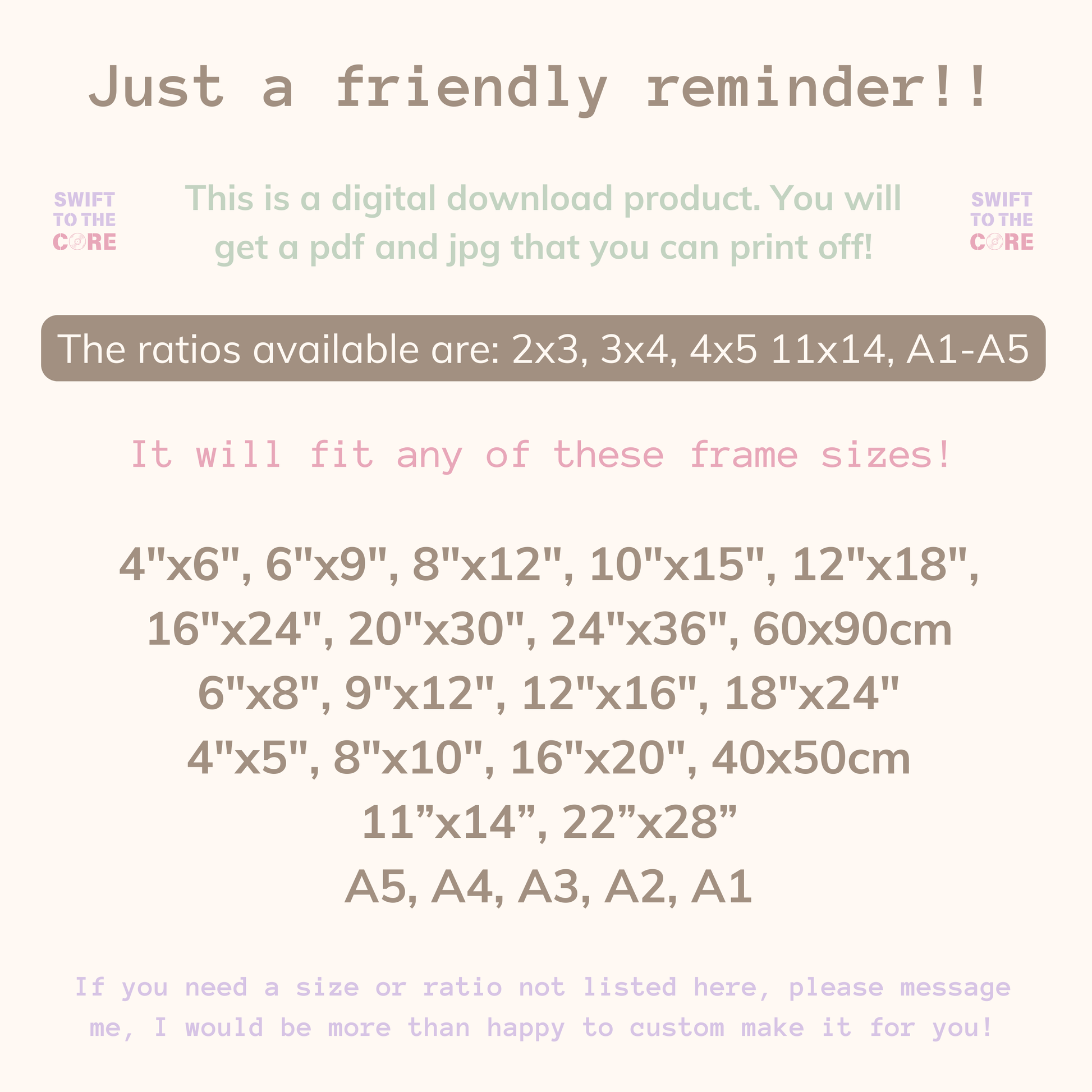 Text message with product details and frame size compatibility on a light background